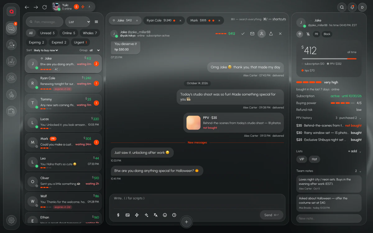 Leeward Chat: inbox with filters, fan tabs and the fan card